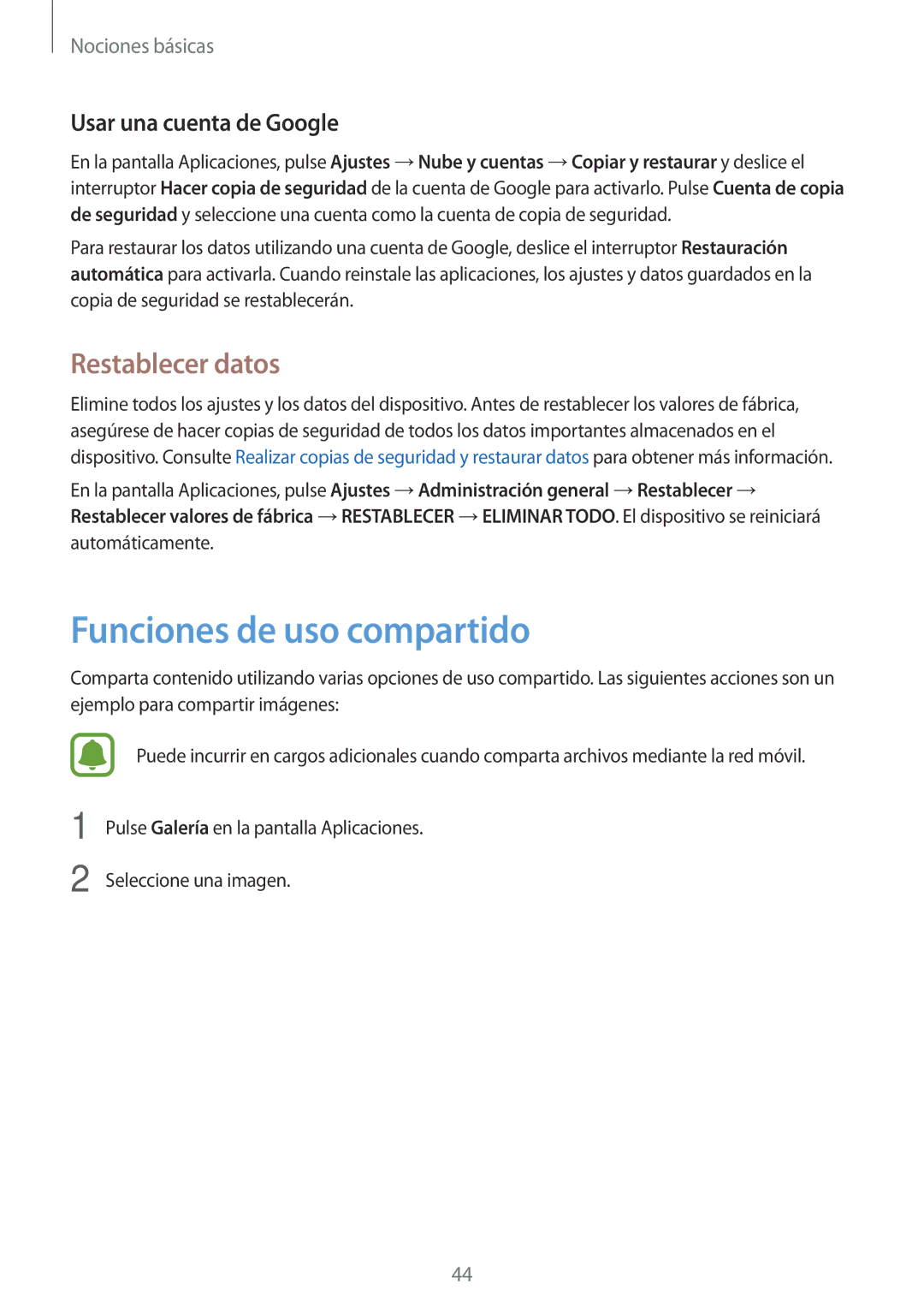 Samsung SM-A310FZWAPHE, SM-A310FZDAPHE manual Funciones de uso compartido, Restablecer datos, Usar una cuenta de Google 