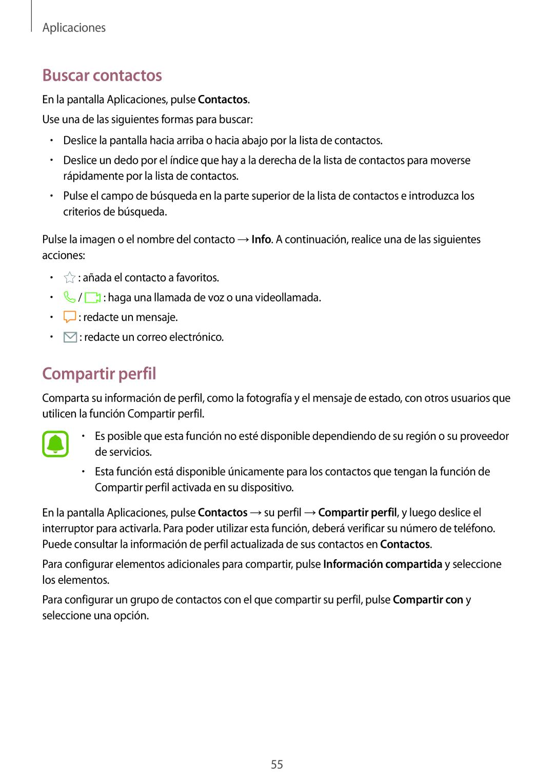 Samsung SM-A310FZKAPHE, SM-A310FZWAPHE, SM-A310FZDAPHE, SM-A310FEDAPHE manual Buscar contactos, Compartir perfil 