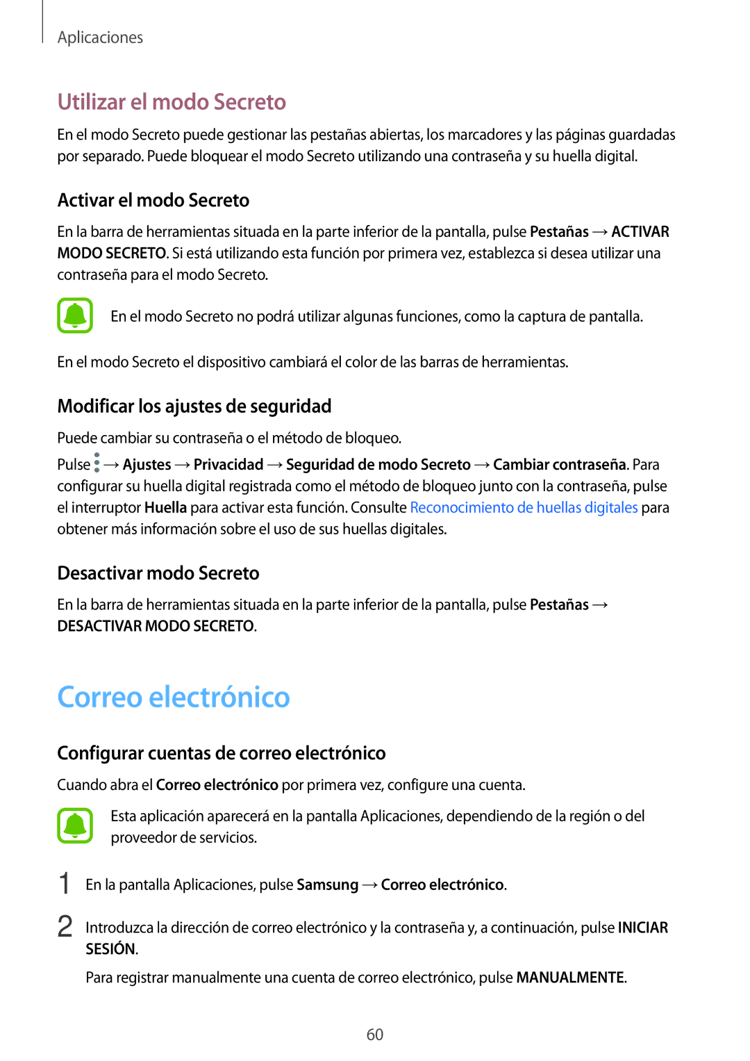 Samsung SM-A310FZWAPHE, SM-A310FZDAPHE, SM-A310FEDAPHE, SM-A310FZKAPHE manual Correo electrónico, Utilizar el modo Secreto 