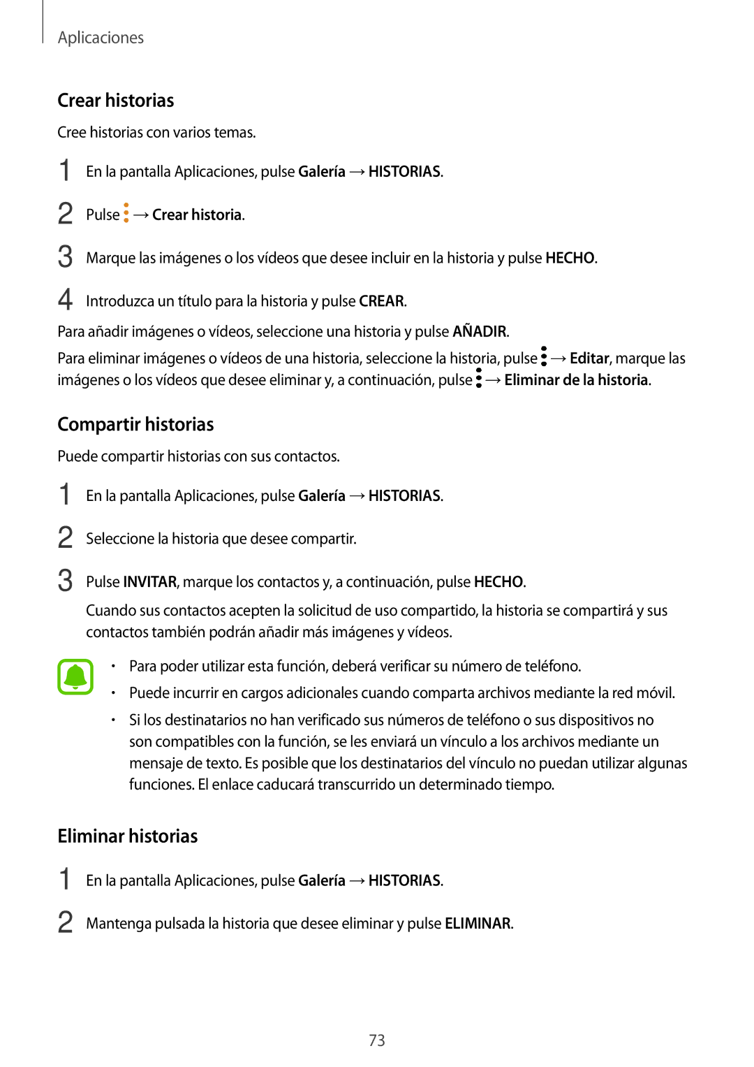 Samsung SM-A310FZDAPHE, SM-A310FZWAPHE Crear historias, Compartir historias, Eliminar historias, Pulse →Crear historia 