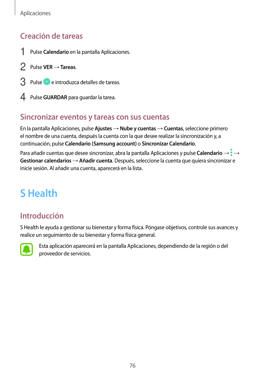 Samsung SM-A310FZWAPHE manual Health, Creación de tareas, Sincronizar eventos y tareas con sus cuentas, Pulse VER →Tareas 