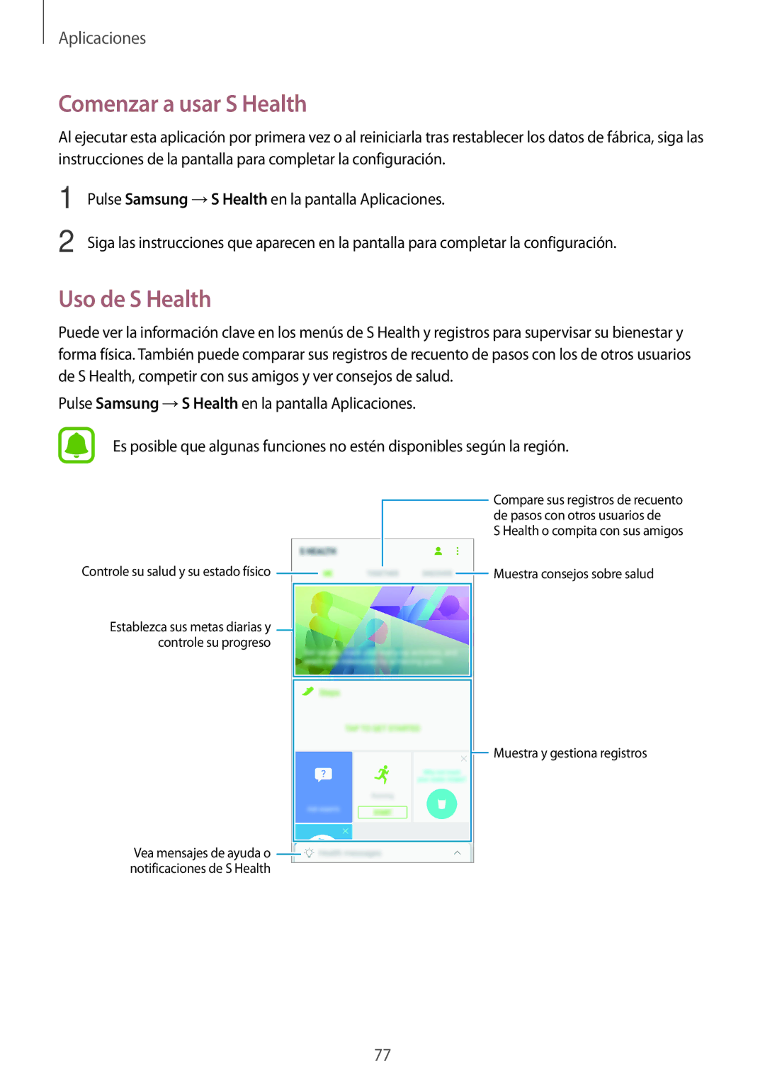 Samsung SM-A310FZDAPHE, SM-A310FZWAPHE, SM-A310FEDAPHE, SM-A310FZKAPHE manual Comenzar a usar S Health, Uso de S Health 