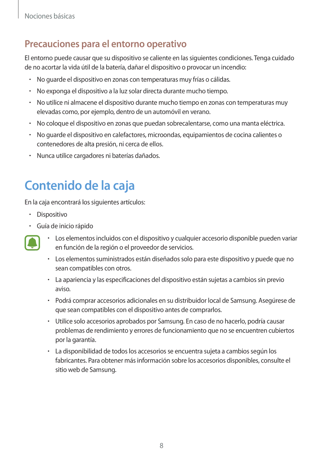 Samsung SM-A310FZWAPHE, SM-A310FZDAPHE, SM-A310FEDAPHE manual Contenido de la caja, Precauciones para el entorno operativo 