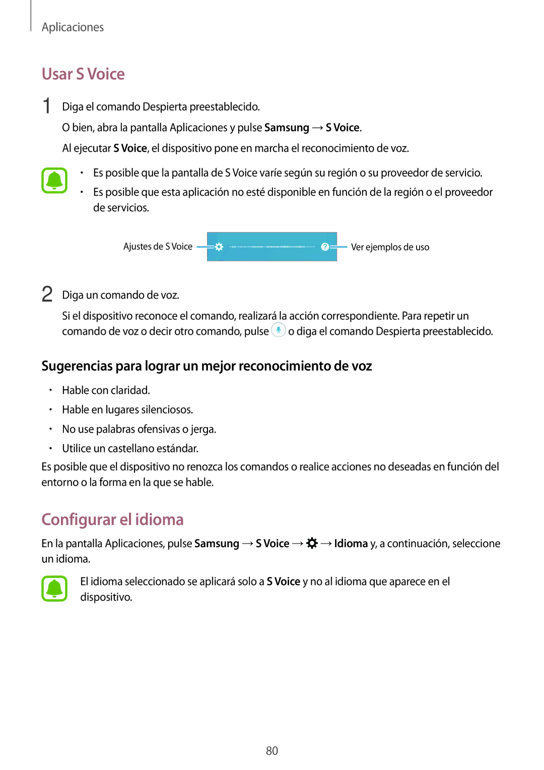 Samsung SM-A310FZWAPHE manual Usar S Voice, Configurar el idioma, Sugerencias para lograr un mejor reconocimiento de voz 