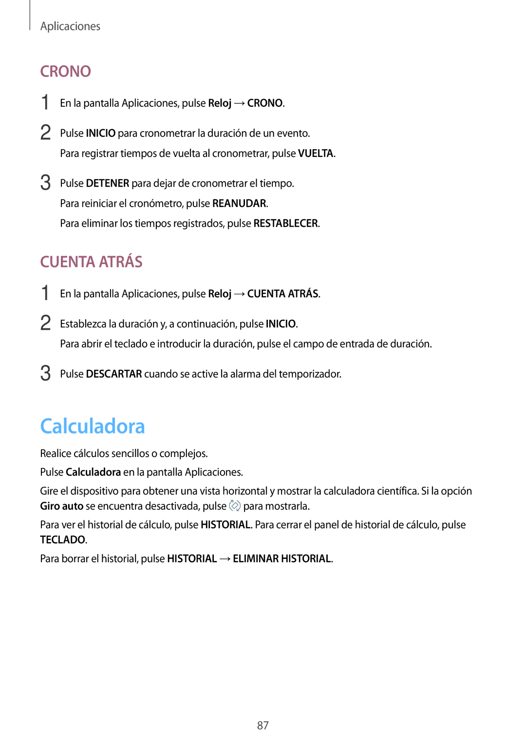 Samsung SM-A310FZKAPHE, SM-A310FZWAPHE, SM-A310FZDAPHE, SM-A310FEDAPHE manual Calculadora, Crono 