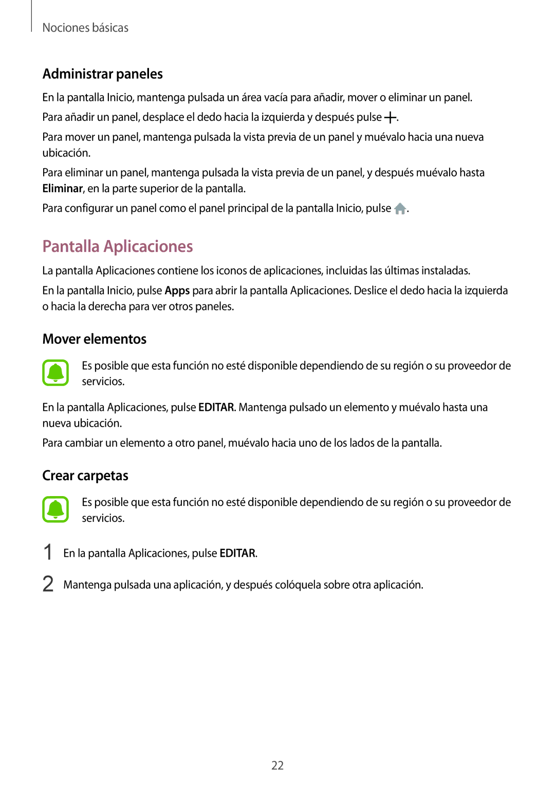 Samsung SM-A310FEDAPHE, SM-A310FZWAPHE, SM-A310FZDAPHE manual Pantalla Aplicaciones, Administrar paneles, Mover elementos 