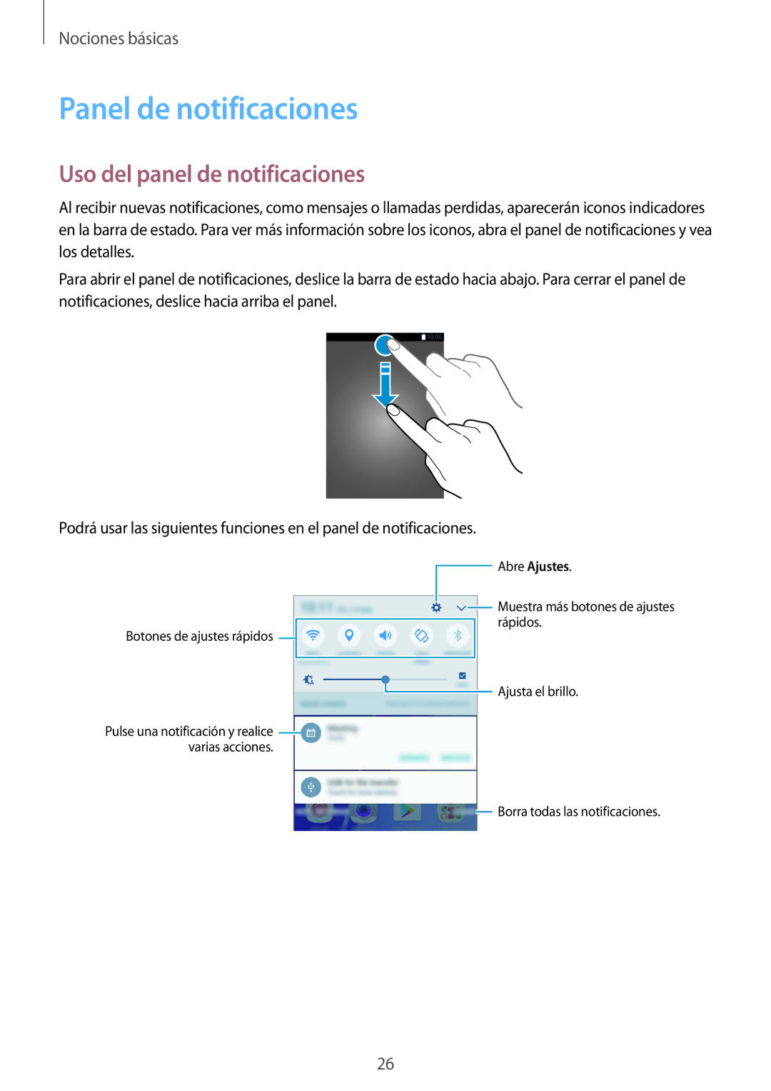 Samsung SM-A310FEDAPHE, SM-A310FZWAPHE, SM-A310FZDAPHE manual Panel de notificaciones, Uso del panel de notificaciones 