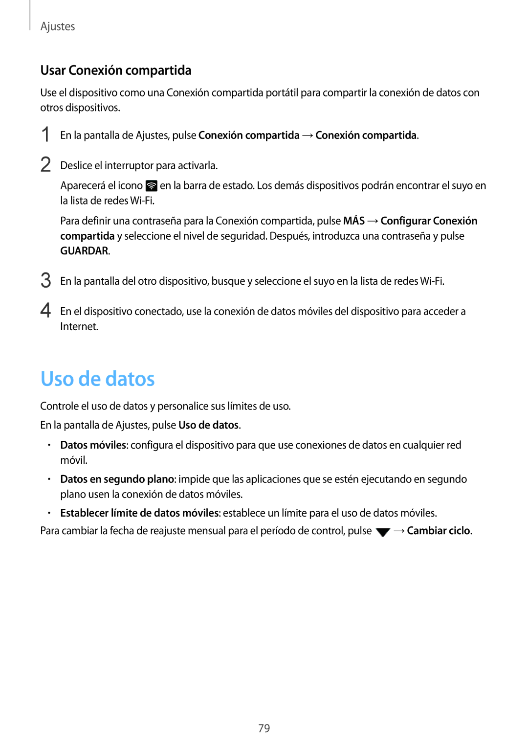 Samsung SM-A310FZKAPHE, SM-A310FZWAPHE, SM-A310FZDAPHE, SM-A310FEDAPHE manual Uso de datos, Usar Conexión compartida 