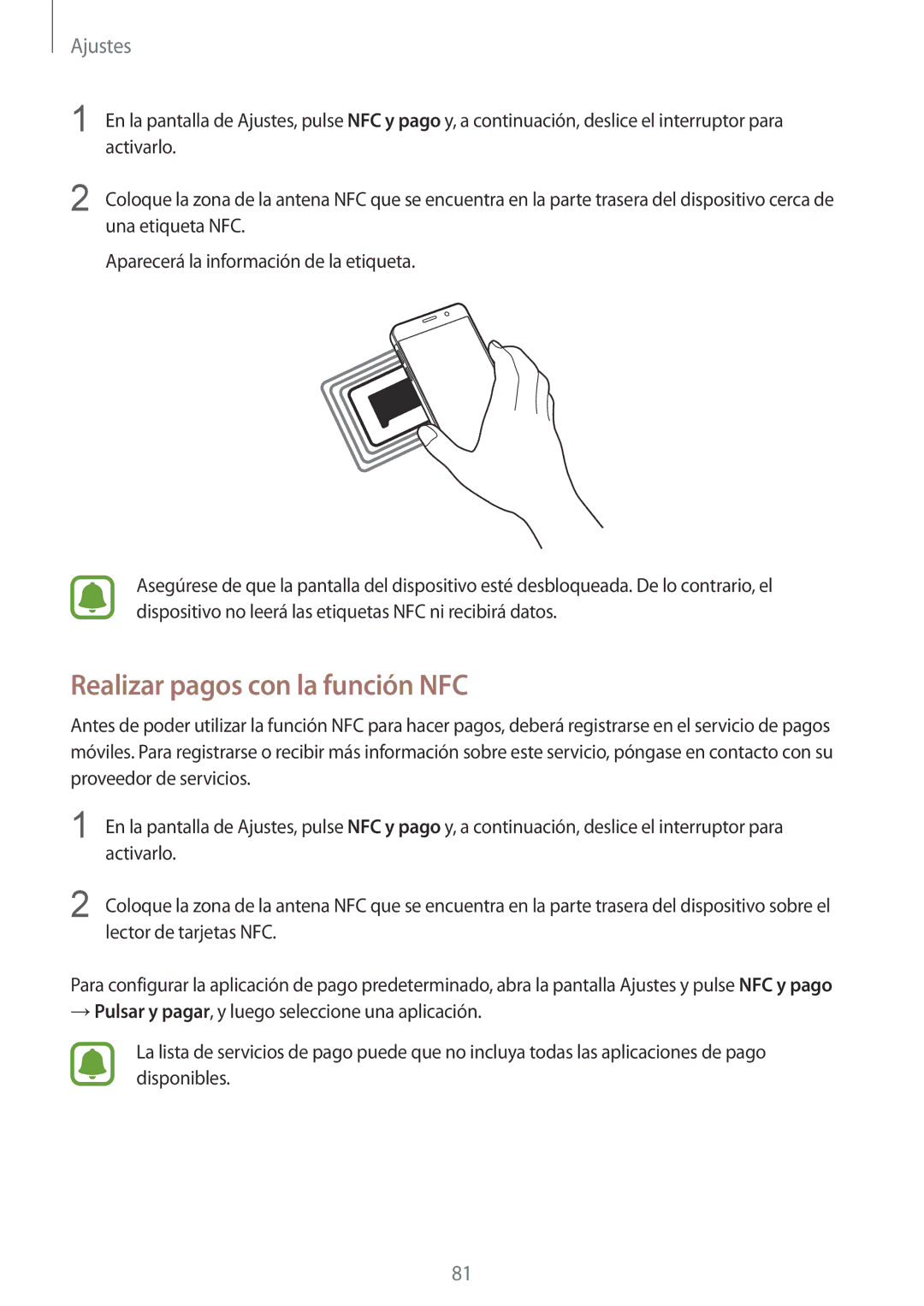 Samsung SM-A310FZDAPHE, SM-A310FZWAPHE, SM-A310FEDAPHE, SM-A310FZKAPHE manual Realizar pagos con la función NFC 