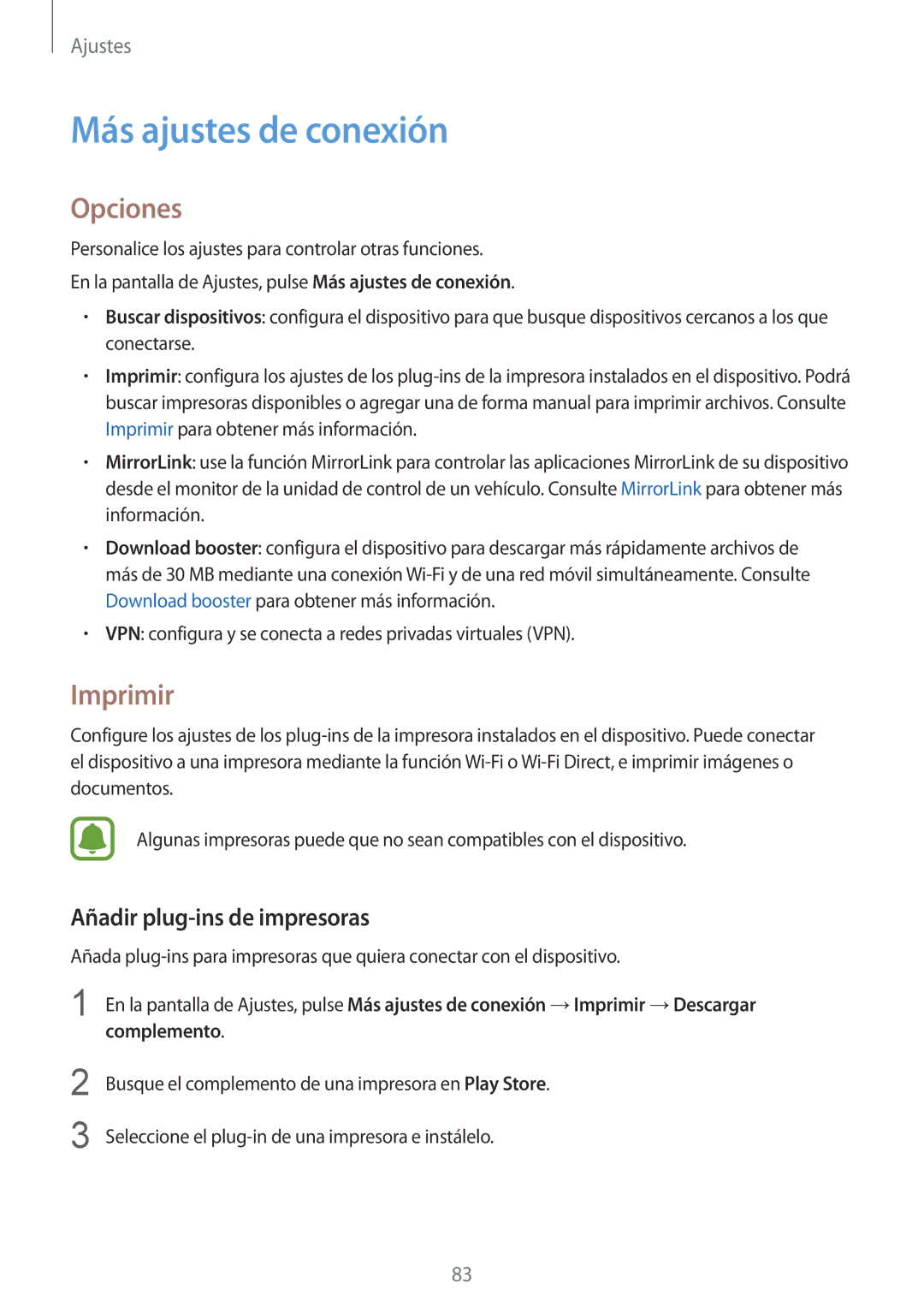Samsung SM-A310FZKAPHE, SM-A310FZWAPHE manual Más ajustes de conexión, Opciones, Imprimir, Añadir plug-ins de impresoras 