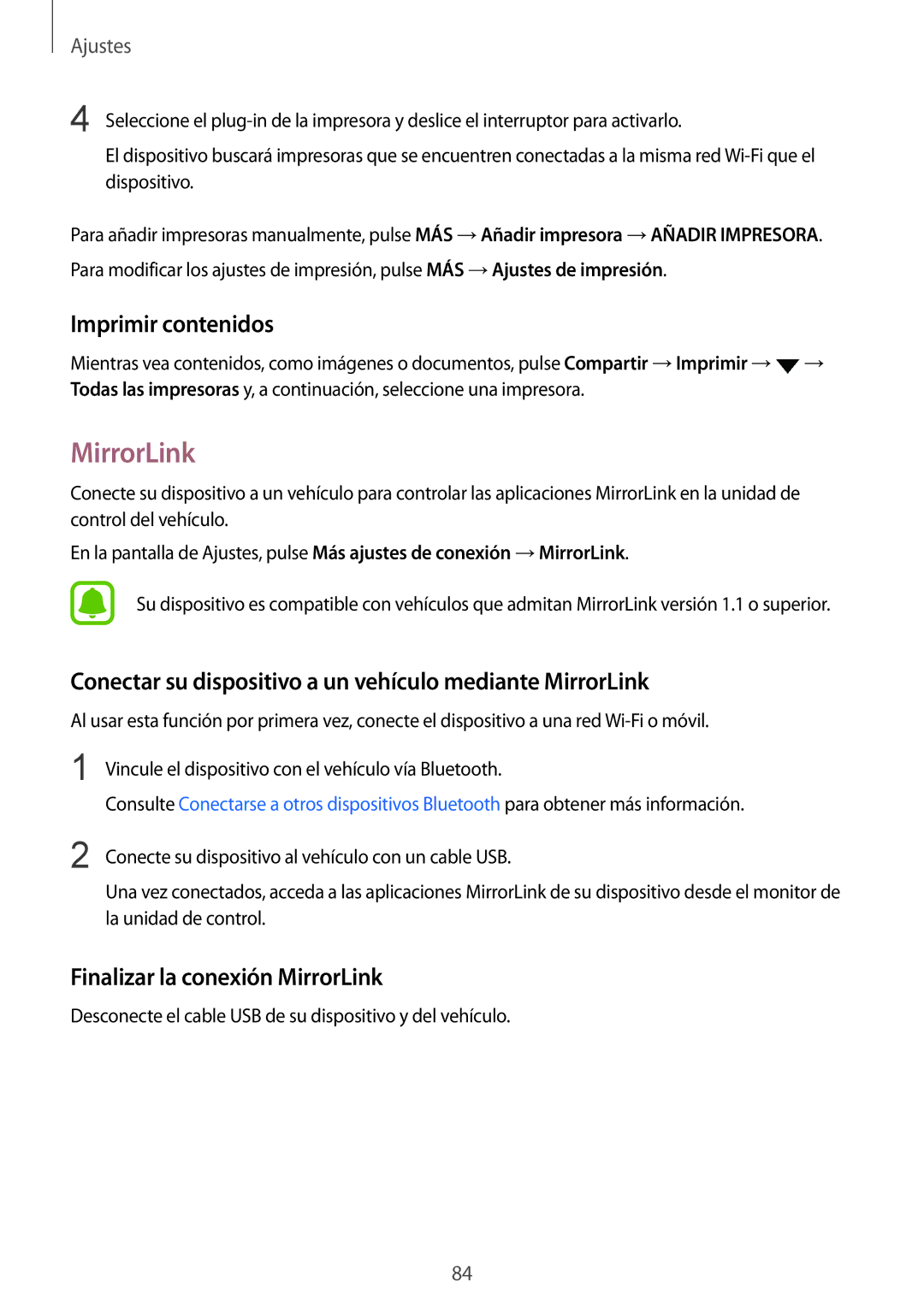 Samsung SM-A310FZWAPHE, SM-A310FZDAPHE Imprimir contenidos, Conectar su dispositivo a un vehículo mediante MirrorLink 