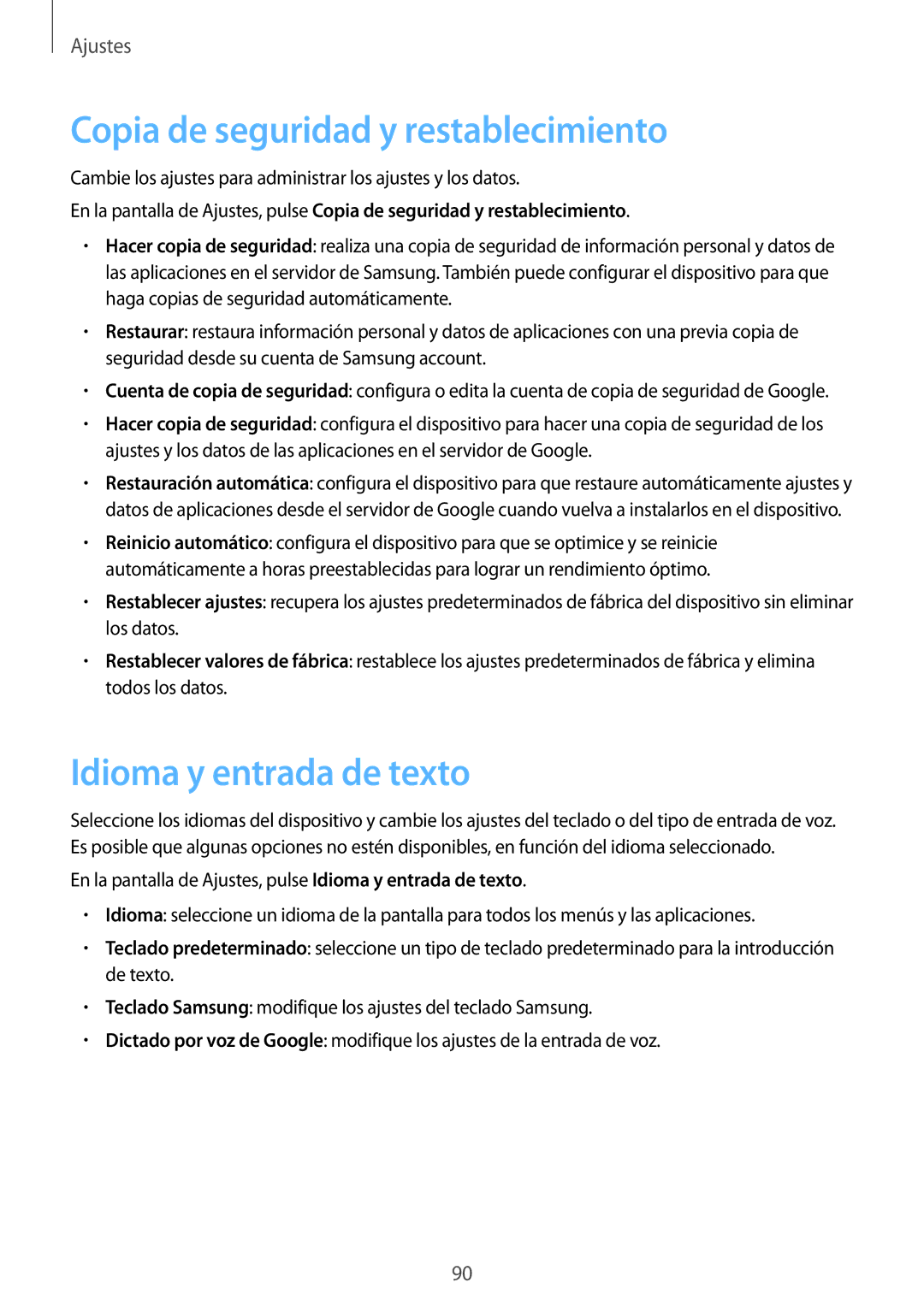 Samsung SM-A310FEDAPHE, SM-A310FZWAPHE, SM-A310FZDAPHE Copia de seguridad y restablecimiento, Idioma y entrada de texto 