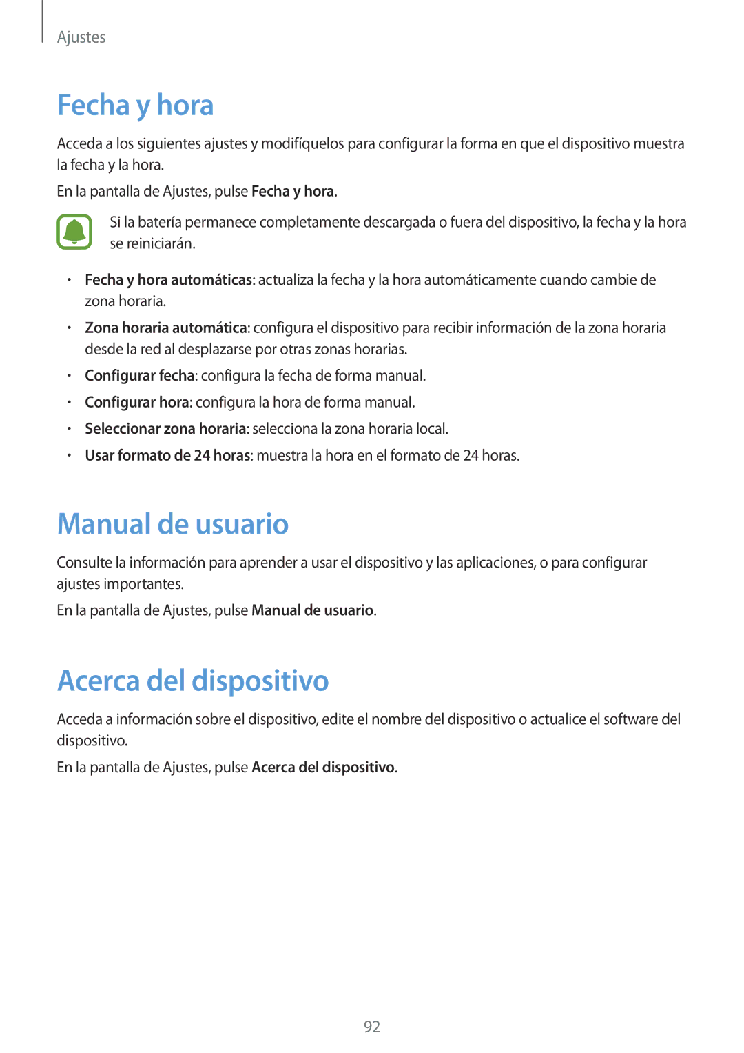 Samsung SM-A310FZWAPHE, SM-A310FZDAPHE, SM-A310FEDAPHE manual Fecha y hora, Manual de usuario, Acerca del dispositivo 