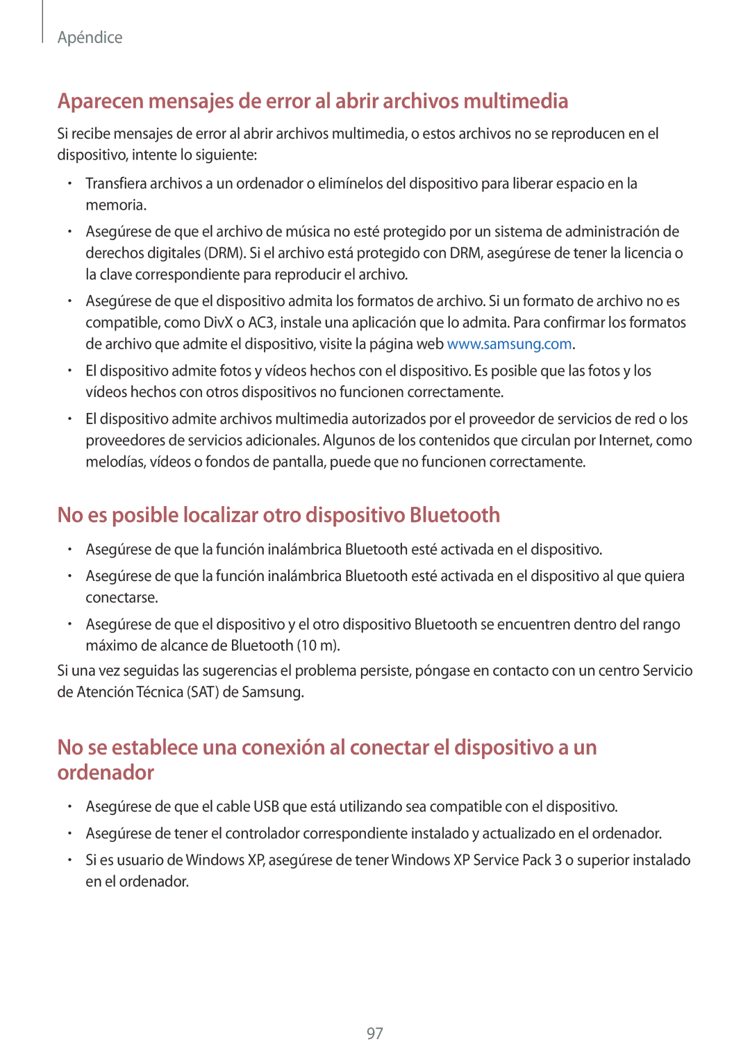 Samsung SM-A310FZDAPHE, SM-A310FZWAPHE, SM-A310FEDAPHE manual Aparecen mensajes de error al abrir archivos multimedia 