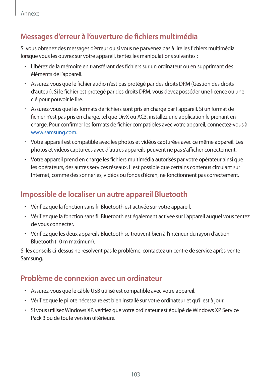 Samsung SM-A310FZDAXEF, SM-A310FZWAXEF, SM-A310FZKAXEF manual Messages d’erreur à l’ouverture de fichiers multimédia 