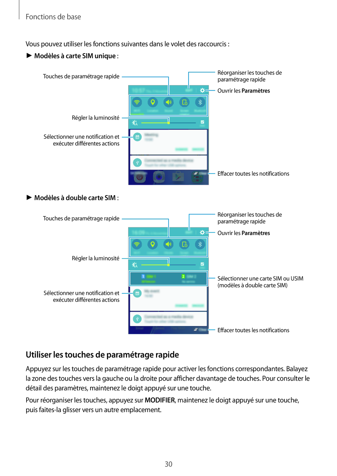 Samsung SM-A310FEDAXEF Utiliser les touches de paramétrage rapide, Touches de paramétrage rapide Régler la luminosité 