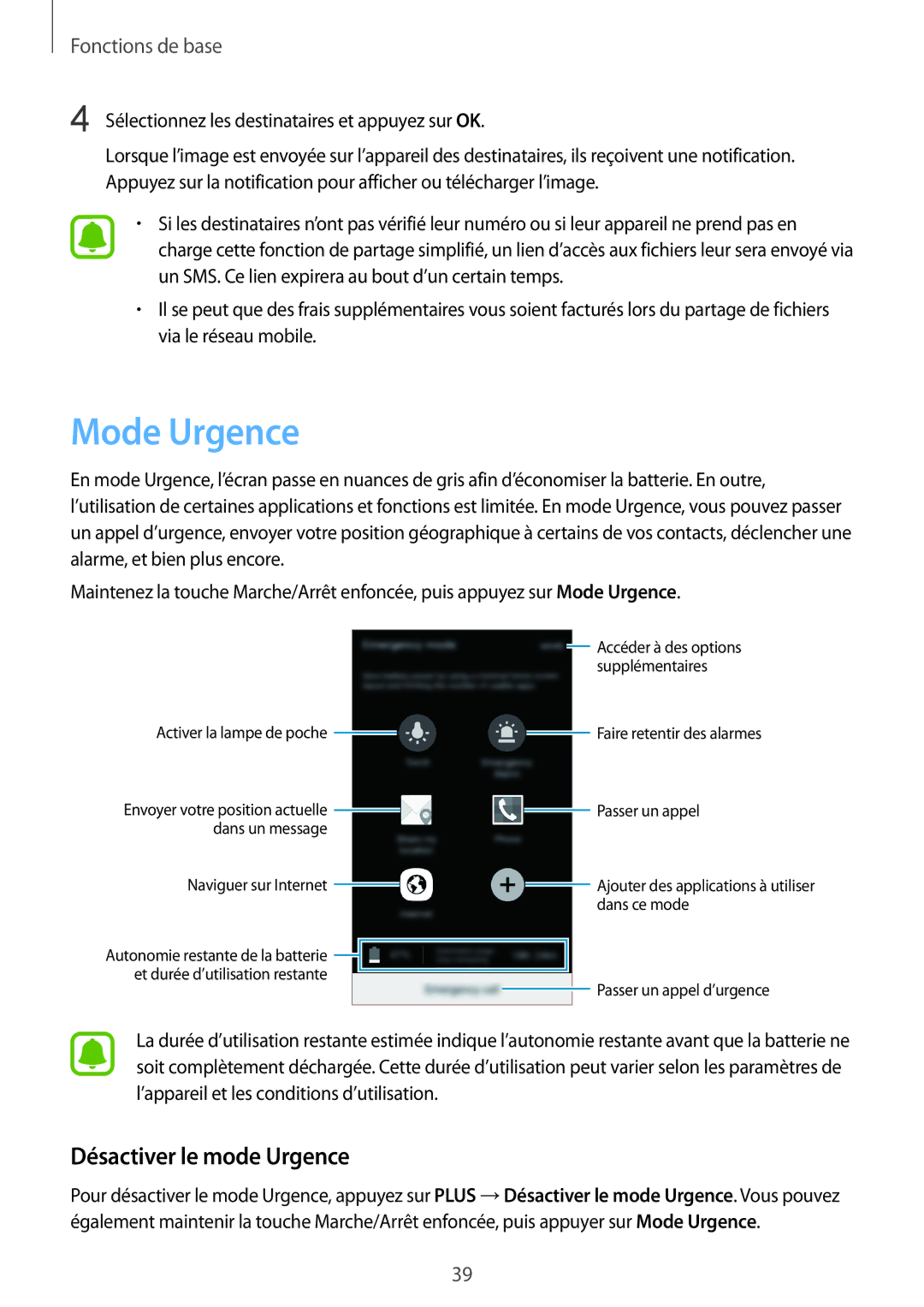 Samsung SM-A310FZDAXEF, SM-A310FZWAXEF, SM-A310FZKAXEF, SM-A310FEDAXEF manual Mode Urgence, Désactiver le mode Urgence 