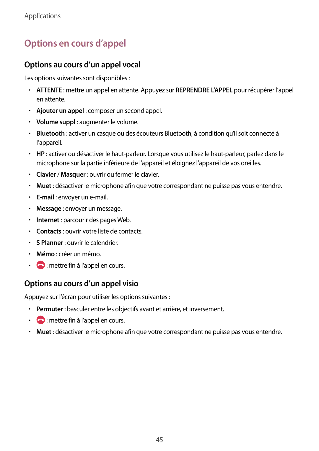 Samsung SM-A310FZKAXEF, SM-A310FZWAXEF, SM-A310FEDAXEF manual Options en cours d’appel, Options au cours d’un appel vocal 