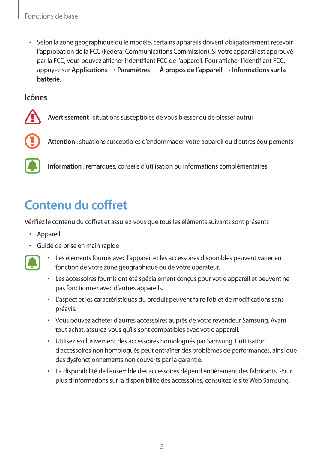 Samsung SM-A310FZKAXEF, SM-A310FZWAXEF, SM-A310FEDAXEF, SM-A310FZDAXEF manual Contenu du coffret, Icônes 