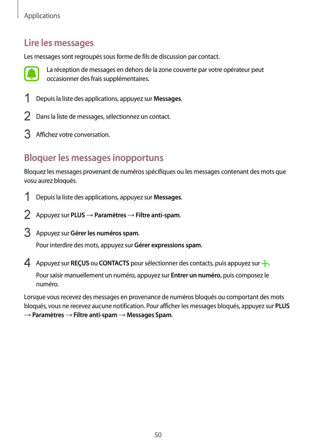 Samsung SM-A310FEDAXEF, SM-A310FZWAXEF, SM-A310FZKAXEF, SM-A310FZDAXEF Lire les messages, Bloquer les messages inopportuns 