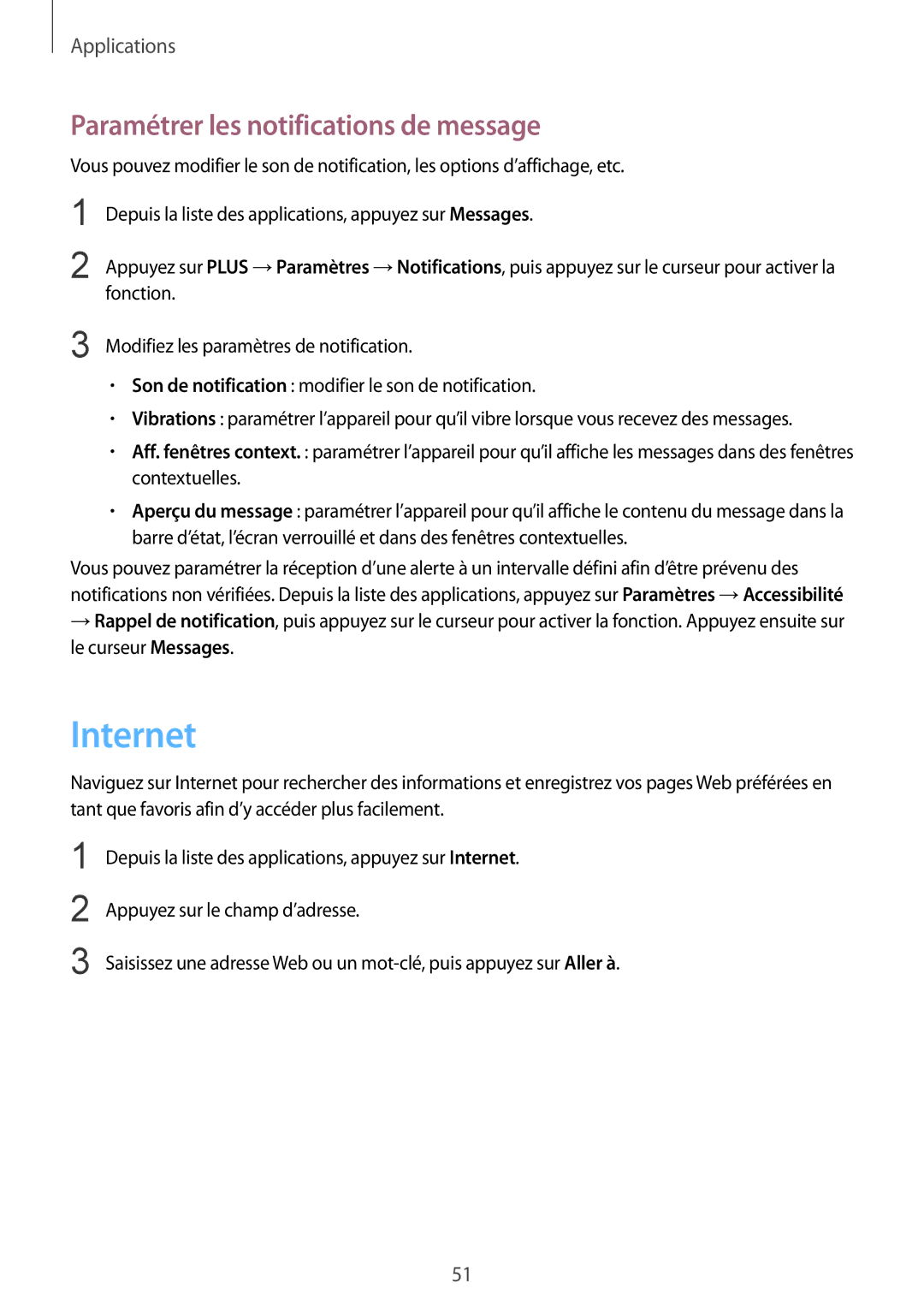 Samsung SM-A310FZDAXEF, SM-A310FZWAXEF, SM-A310FZKAXEF, SM-A310FEDAXEF Internet, Paramétrer les notifications de message 