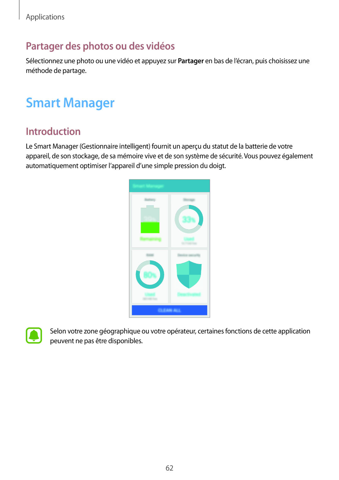 Samsung SM-A310FEDAXEF, SM-A310FZWAXEF, SM-A310FZKAXEF, SM-A310FZDAXEF manual Smart Manager, Partager des photos ou des vidéos 