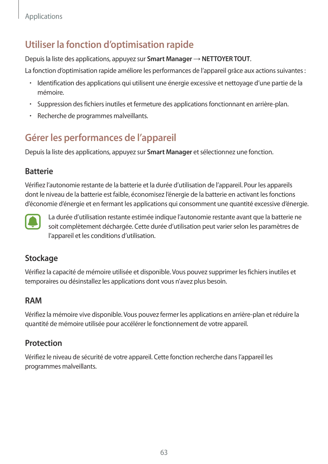 Samsung SM-A310FZDAXEF manual Utiliser la fonction d’optimisation rapide, Gérer les performances de l’appareil, Batterie 