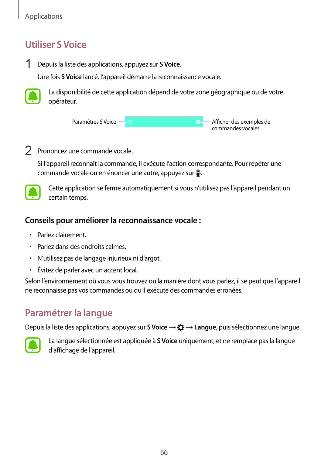 Samsung SM-A310FEDAXEF manual Utiliser S Voice, Paramétrer la langue, Conseils pour améliorer la reconnaissance vocale 