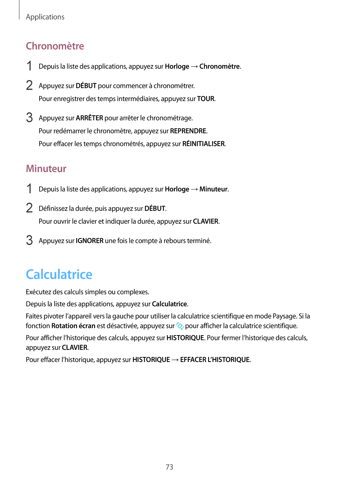 Samsung SM-A310FZKAXEF, SM-A310FZWAXEF, SM-A310FEDAXEF, SM-A310FZDAXEF manual Calculatrice, Chronomètre, Minuteur 