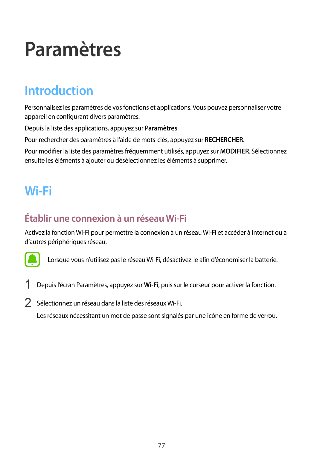 Samsung SM-A310FZKAXEF, SM-A310FZWAXEF, SM-A310FEDAXEF manual Introduction, Établir une connexion à un réseau Wi-Fi 