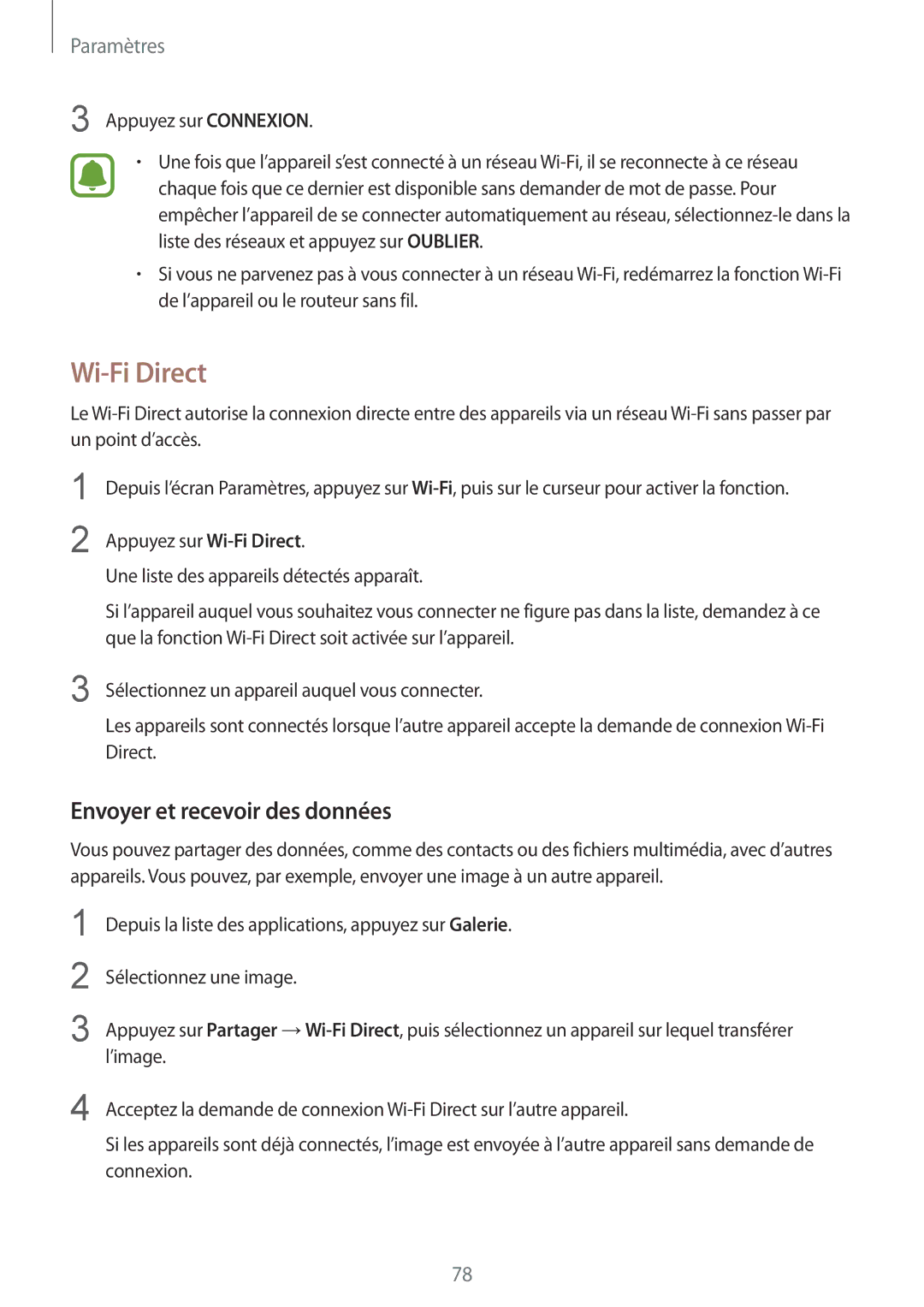 Samsung SM-A310FEDAXEF, SM-A310FZWAXEF, SM-A310FZKAXEF, SM-A310FZDAXEF manual Wi-Fi Direct, Envoyer et recevoir des données 