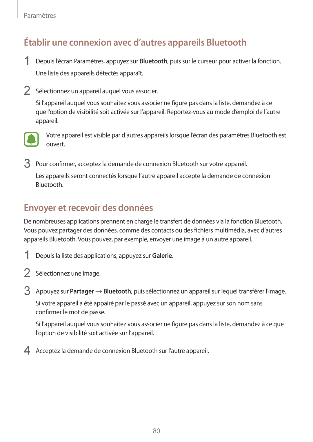 Samsung SM-A310FZWAXEF manual Établir une connexion avec d’autres appareils Bluetooth, Envoyer et recevoir des données 