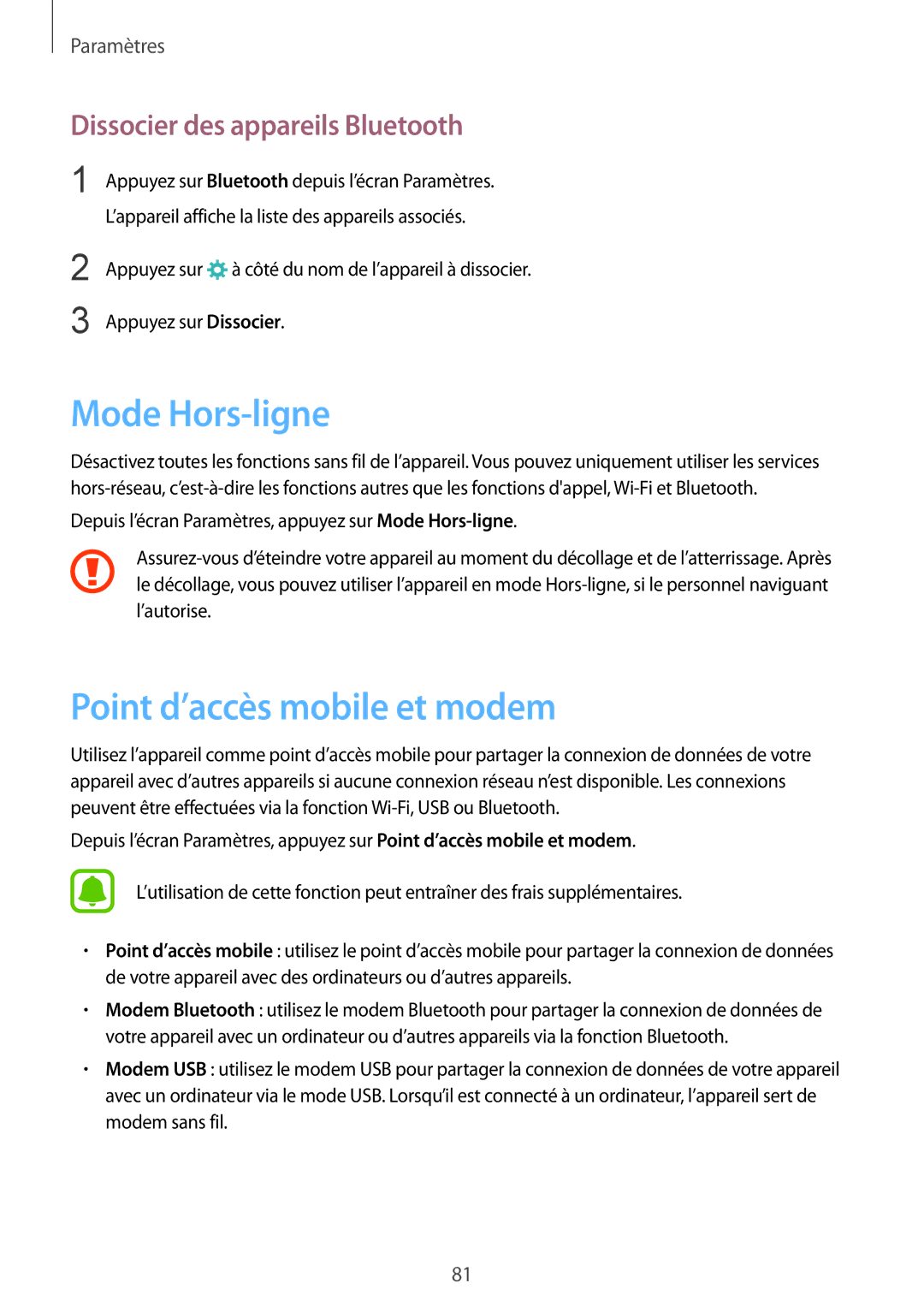 Samsung SM-A310FZKAXEF, SM-A310FZWAXEF Mode Hors-ligne, Point d’accès mobile et modem, Dissocier des appareils Bluetooth 