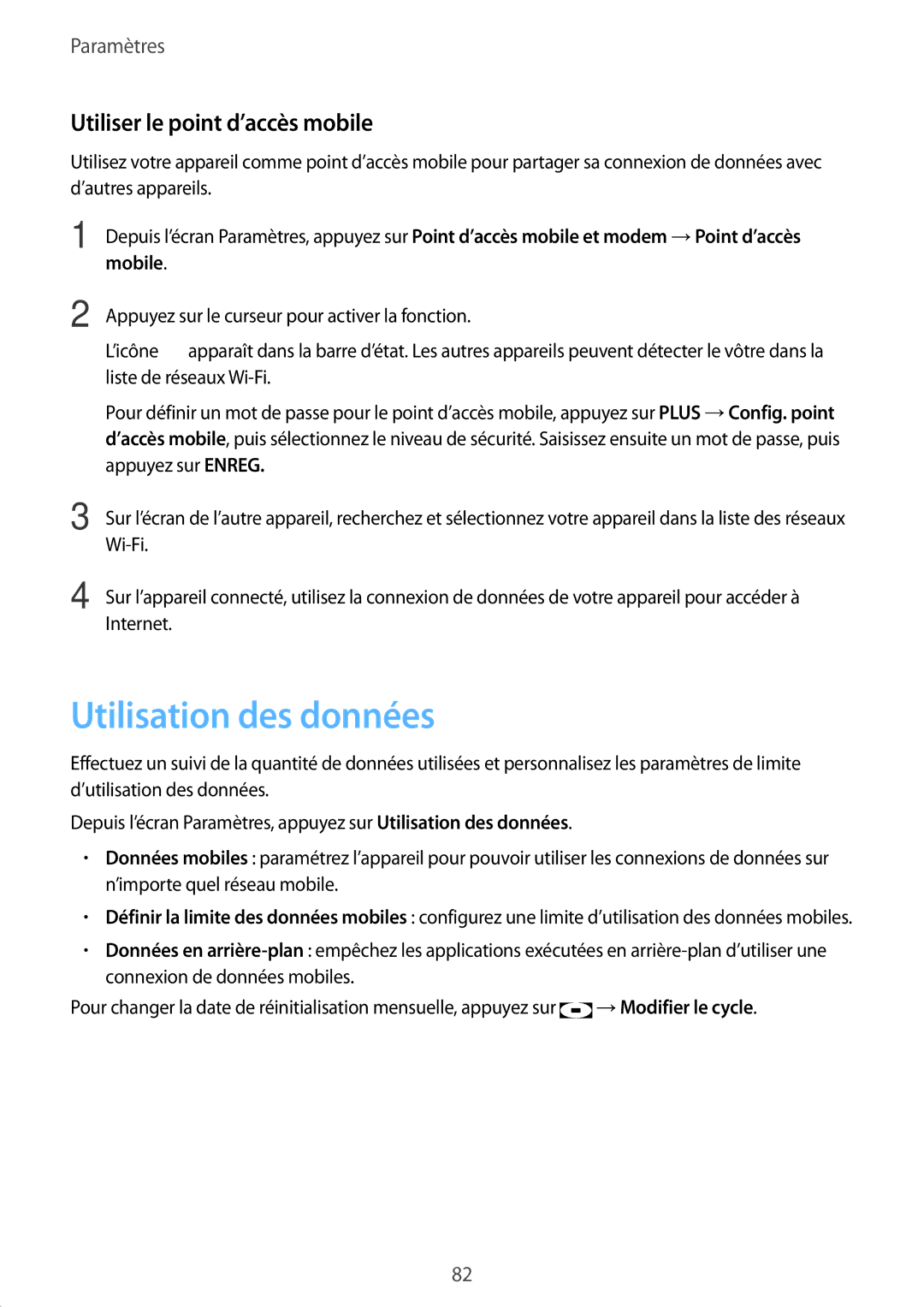 Samsung SM-A310FEDAXEF, SM-A310FZWAXEF, SM-A310FZKAXEF manual Utilisation des données, Utiliser le point d’accès mobile 