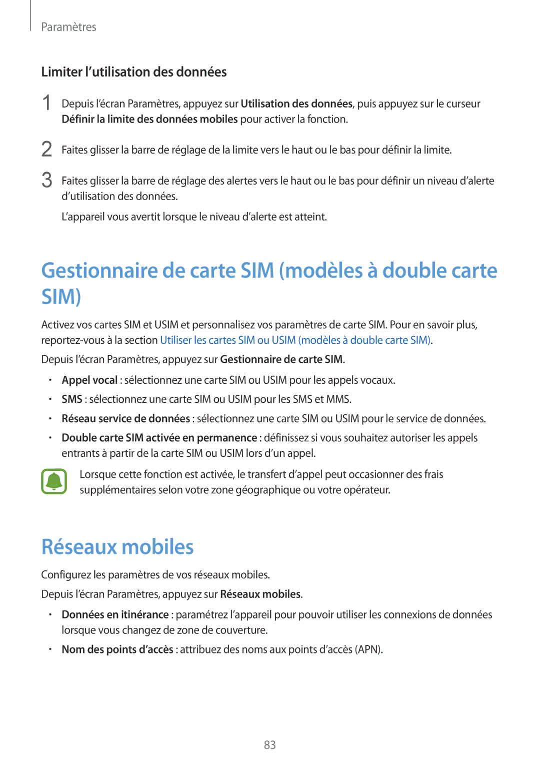 Samsung SM-A310FZDAXEF, SM-A310FZWAXEF manual Gestionnaire de carte SIM modèles à double carte SIM, Réseaux mobiles 