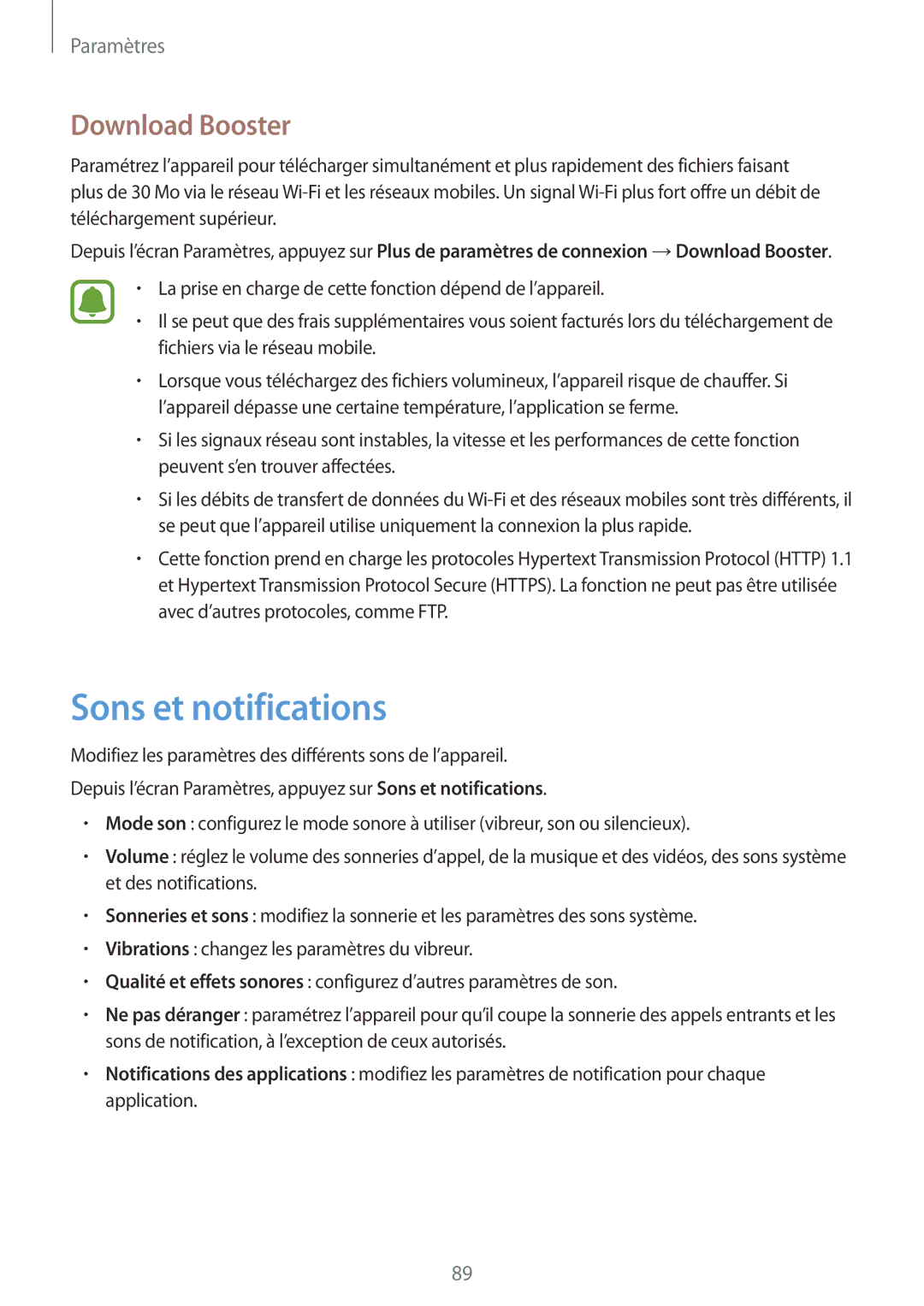 Samsung SM-A310FZKAXEF, SM-A310FZWAXEF, SM-A310FEDAXEF, SM-A310FZDAXEF manual Sons et notifications, Download Booster 