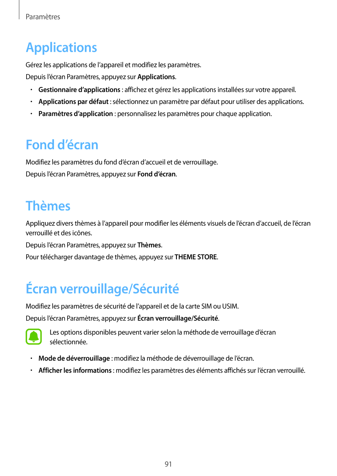 Samsung SM-A310FZDAXEF, SM-A310FZWAXEF, SM-A310FZKAXEF manual Applications, Fond d’écran, Thèmes, Écran verrouillage/Sécurité 