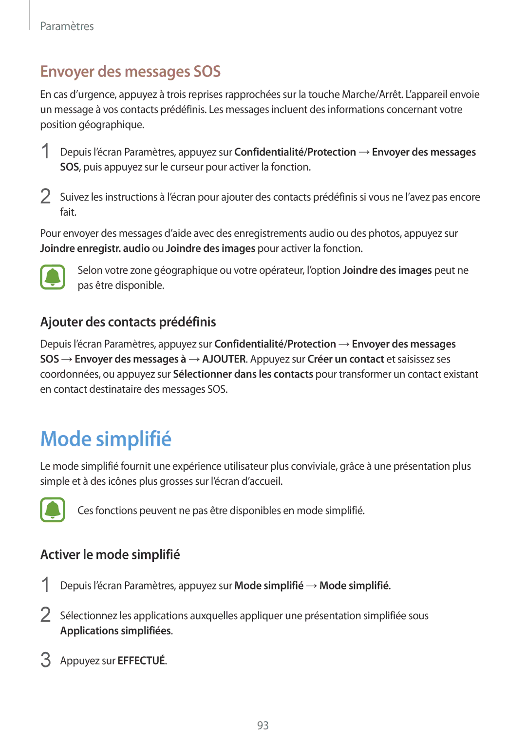 Samsung SM-A310FZKAXEF, SM-A310FZWAXEF manual Mode simplifié, Envoyer des messages SOS, Ajouter des contacts prédéfinis 