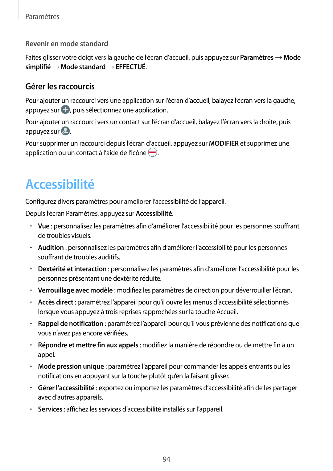 Samsung SM-A310FEDAXEF, SM-A310FZWAXEF, SM-A310FZKAXEF, SM-A310FZDAXEF manual Accessibilité, Gérer les raccourcis 