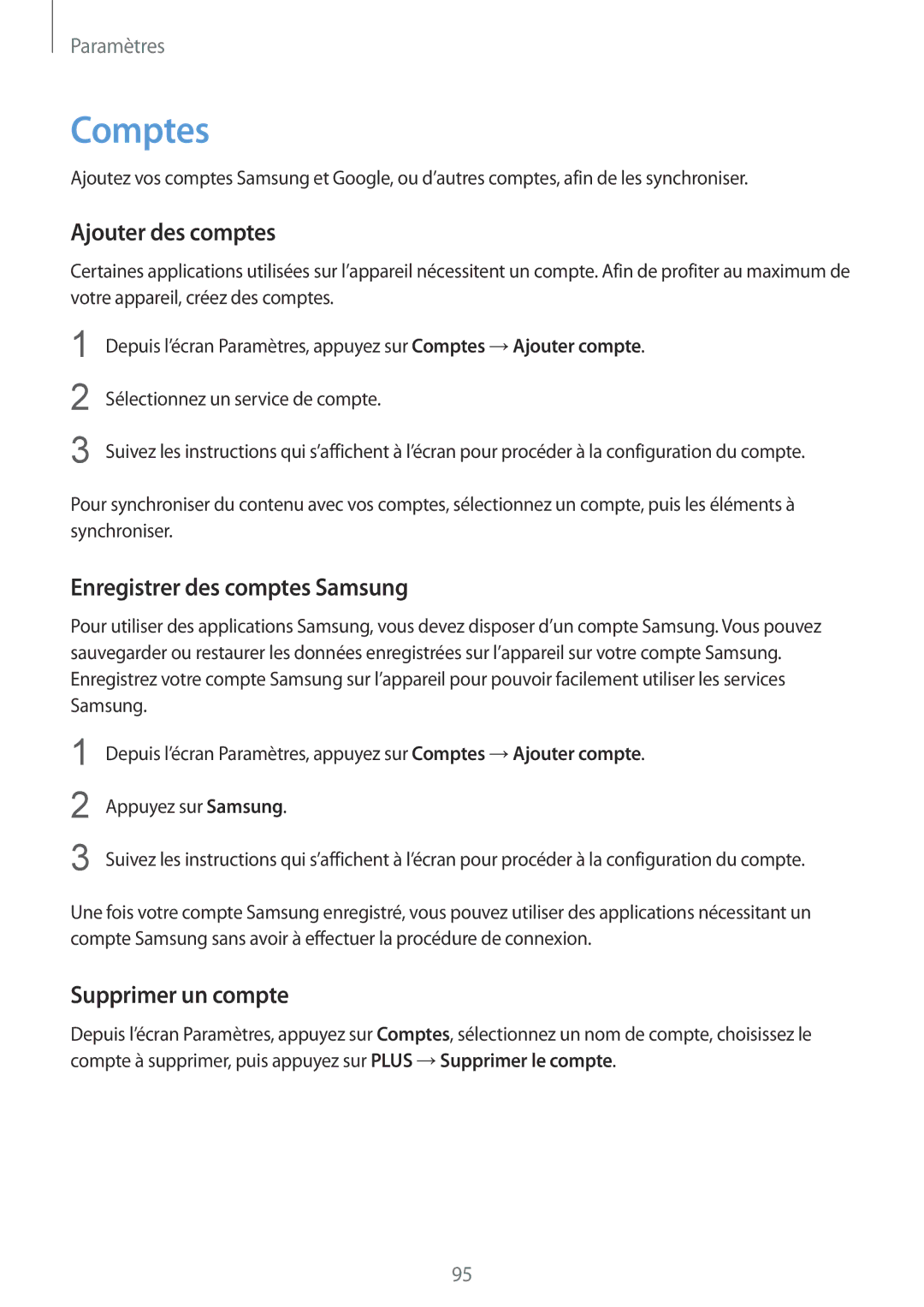 Samsung SM-A310FZDAXEF, SM-A310FZWAXEF Comptes, Ajouter des comptes, Enregistrer des comptes Samsung, Supprimer un compte 