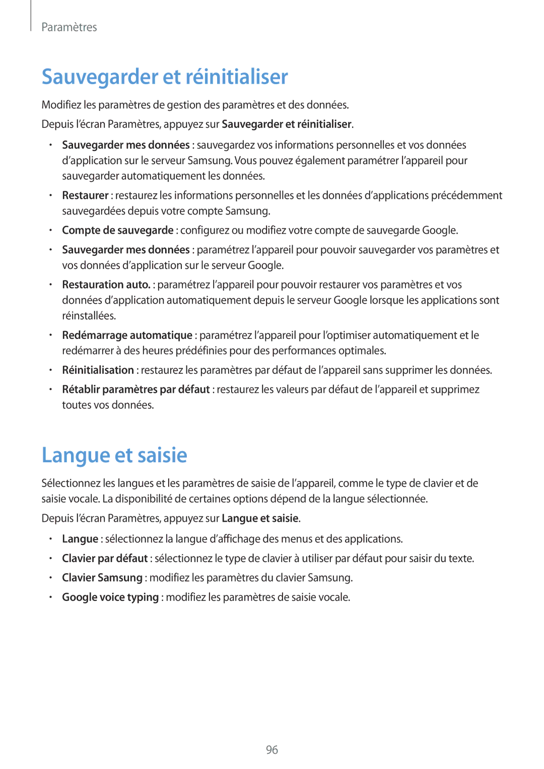 Samsung SM-A310FZWAXEF, SM-A310FZKAXEF, SM-A310FEDAXEF, SM-A310FZDAXEF manual Sauvegarder et réinitialiser, Langue et saisie 