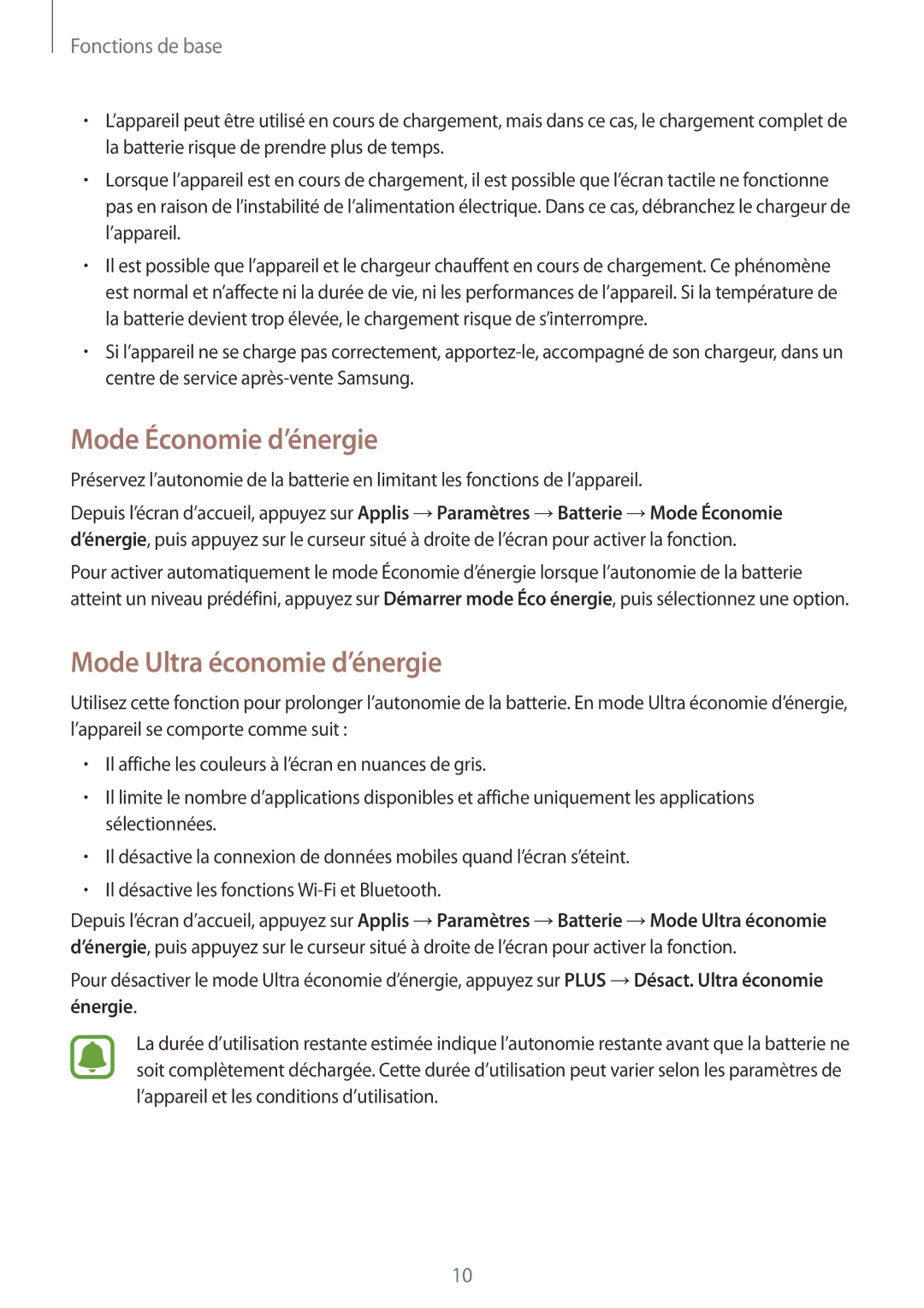 Samsung SM-A310FEDAXEF, SM-A310FZWAXEF, SM-A310FZKAXEF manual Mode Économie d’énergie, Mode Ultra économie d’énergie 