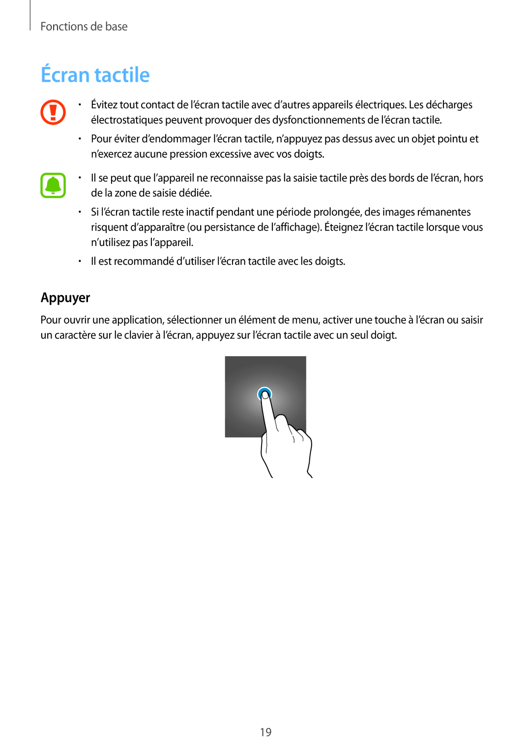 Samsung SM-A310FZDAXEF, SM-A310FZWAXEF, SM-A310FZKAXEF, SM-A310FEDAXEF manual Écran tactile, Appuyer 