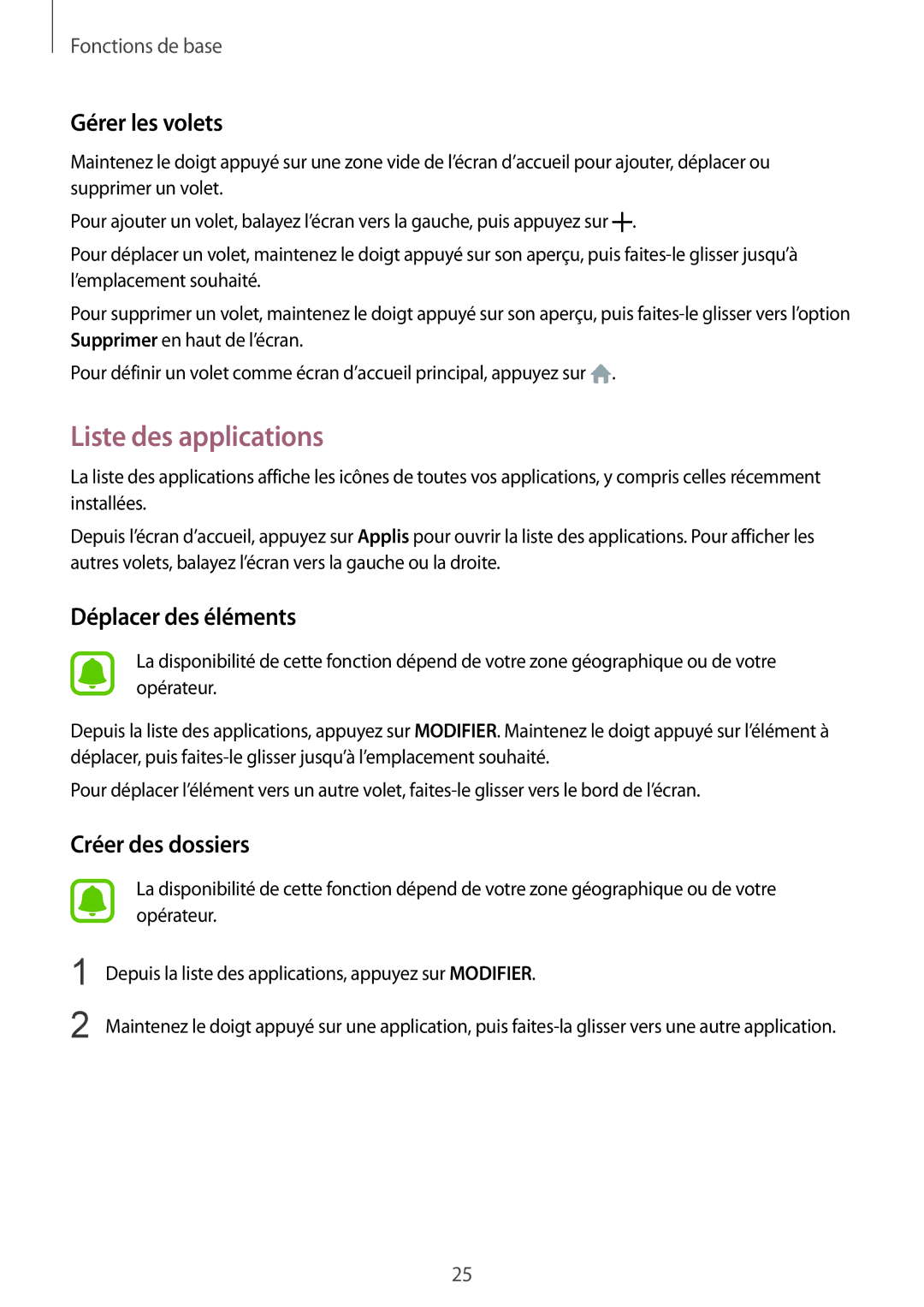 Samsung SM-A310FZKAXEF, SM-A310FZWAXEF, SM-A310FEDAXEF manual Liste des applications, Gérer les volets, Déplacer des éléments 