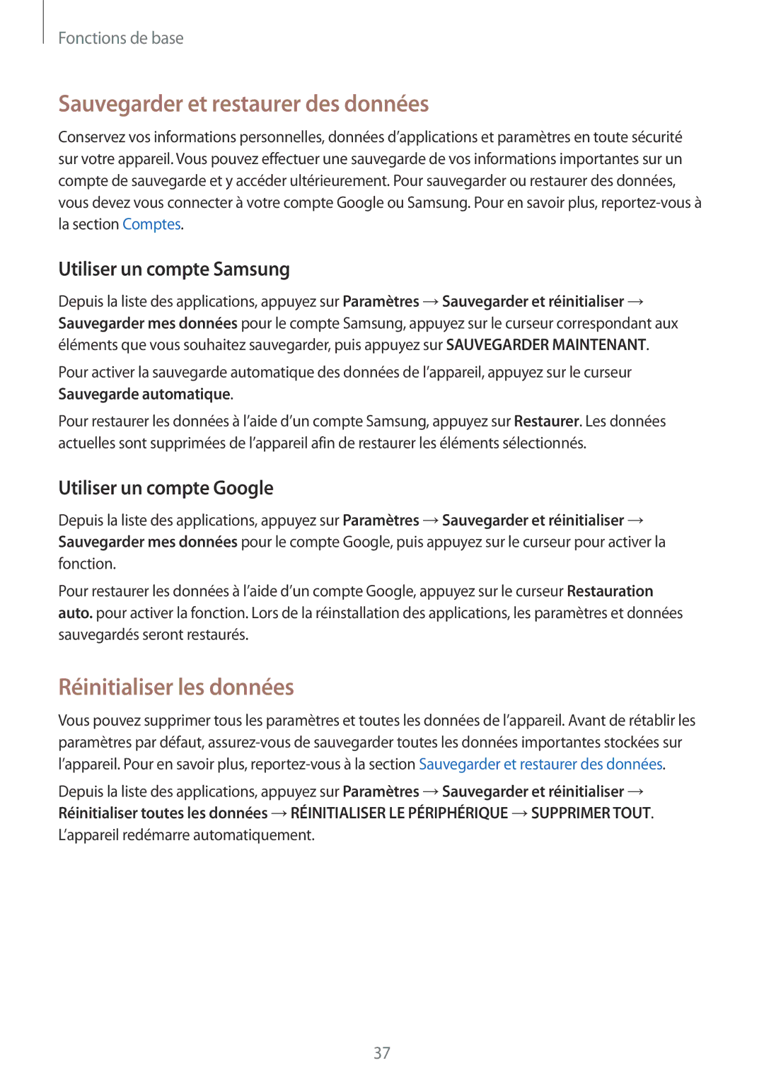 Samsung SM-A310FZKAXEF manual Sauvegarder et restaurer des données, Réinitialiser les données, Utiliser un compte Samsung 