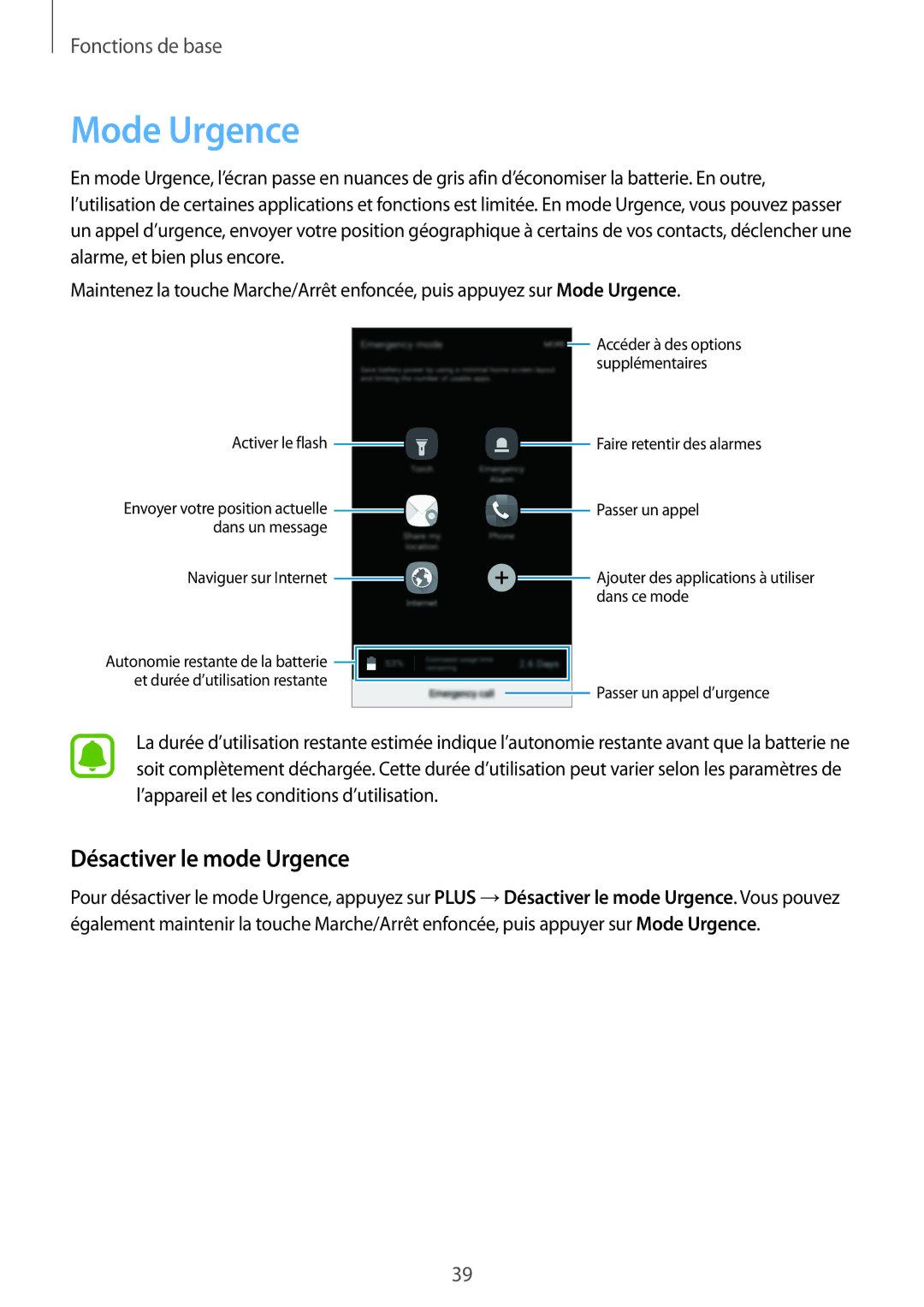 Samsung SM-A310FZDAXEF, SM-A310FZWAXEF, SM-A310FZKAXEF, SM-A310FEDAXEF manual Mode Urgence, Désactiver le mode Urgence 