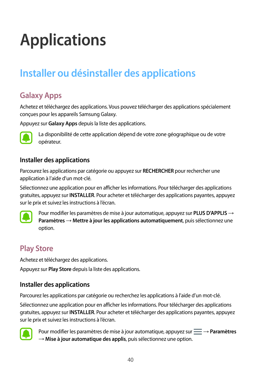 Samsung SM-A310FZWAXEF Installer ou désinstaller des applications, Galaxy Apps, Play Store, Installer des applications 