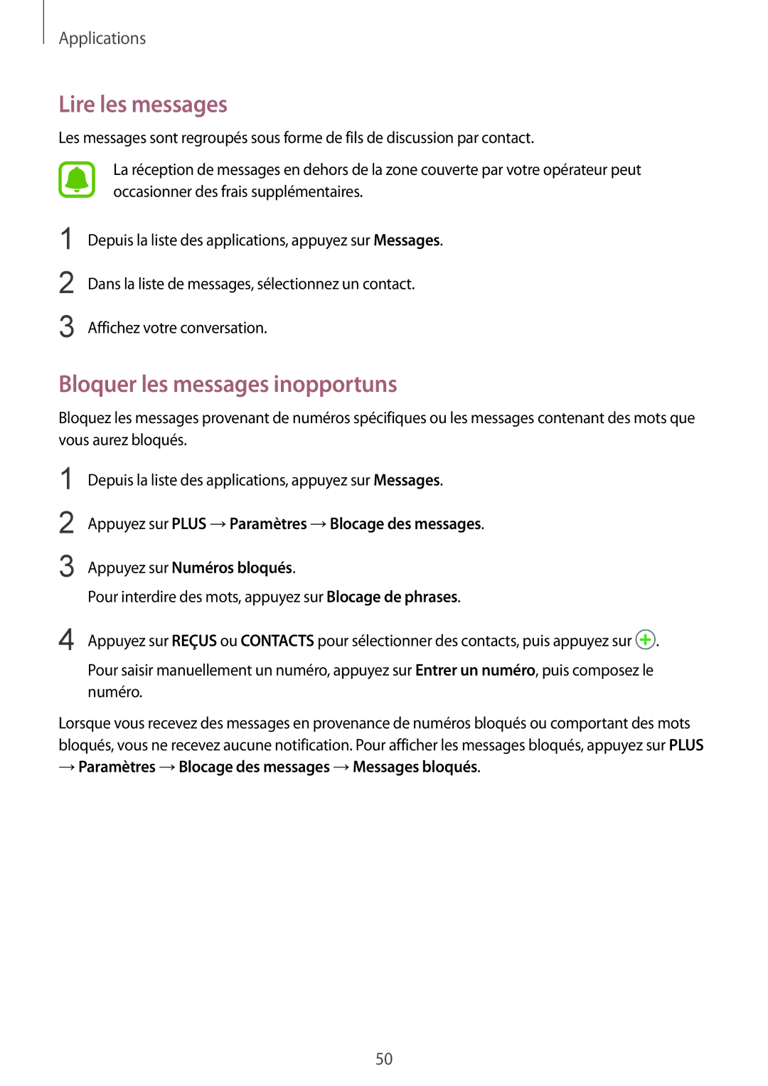 Samsung SM-A310FEDAXEF, SM-A310FZWAXEF, SM-A310FZKAXEF, SM-A310FZDAXEF Lire les messages, Bloquer les messages inopportuns 