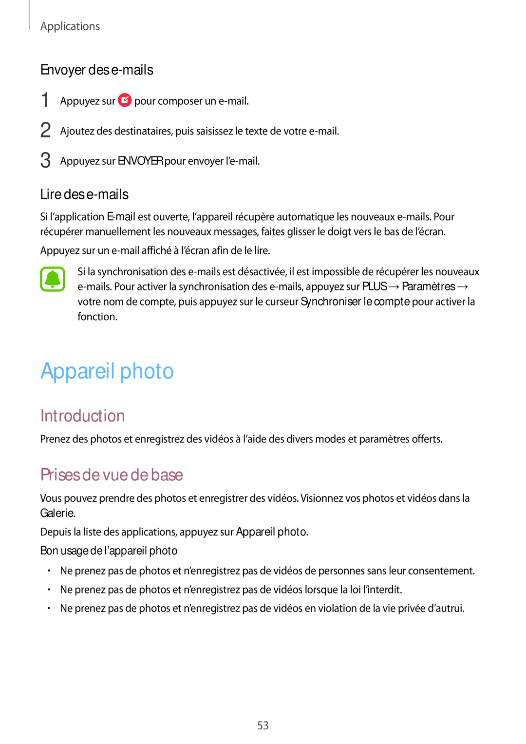 Samsung SM-A310FZKAXEF, SM-A310FZWAXEF manual Appareil photo, Prises de vue de base, Envoyer des e-mails, Lire des e-mails 