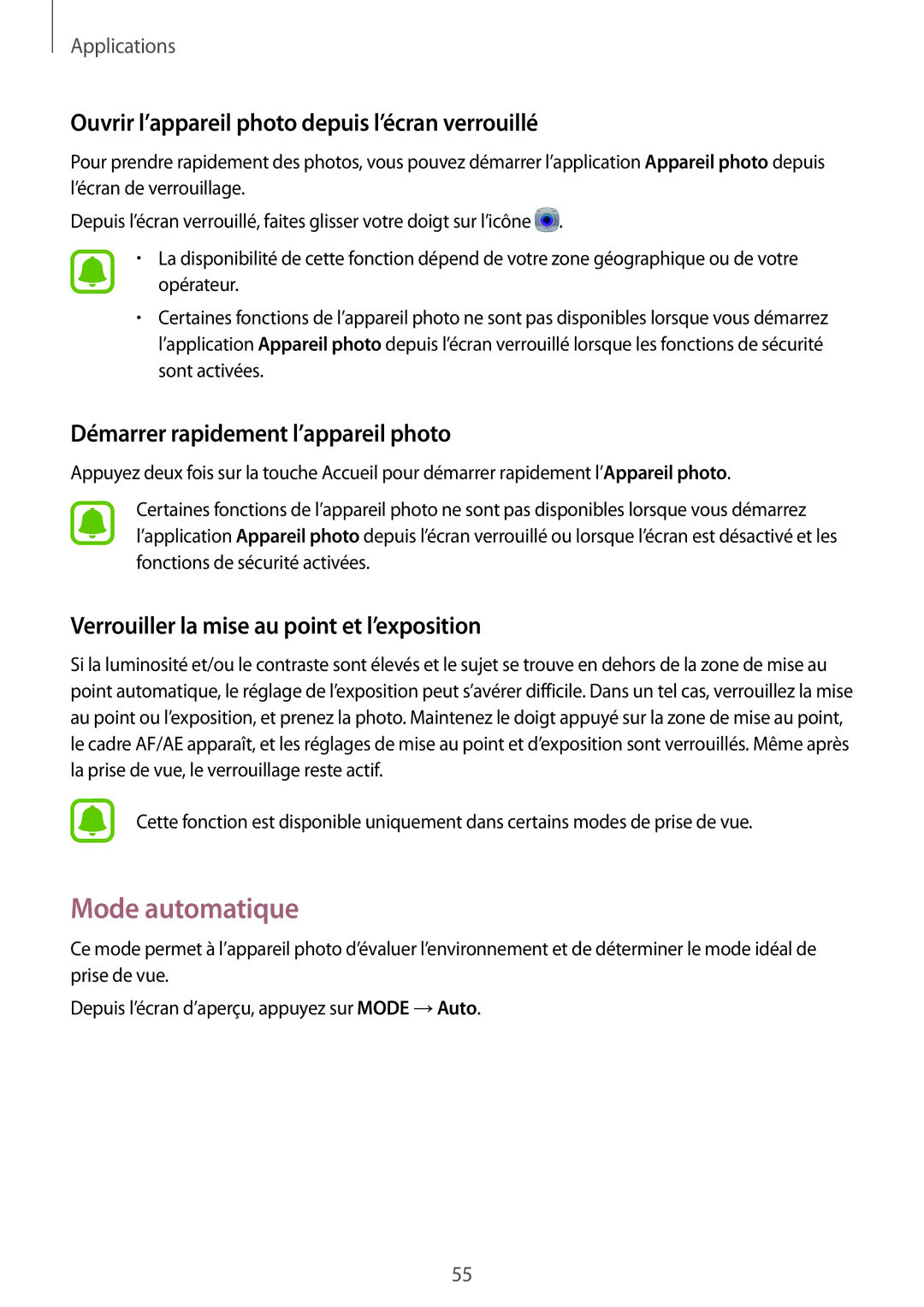 Samsung SM-A310FZDAXEF, SM-A310FZWAXEF, SM-A310FZKAXEF Mode automatique, Ouvrir l’appareil photo depuis l’écran verrouillé 